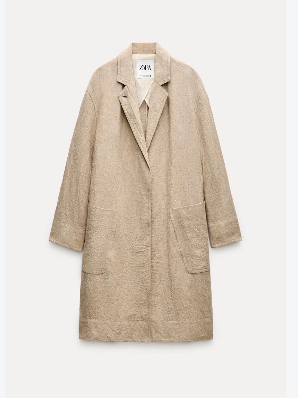 NWT ZARA Beige LINEN oversized Textured Long Coat